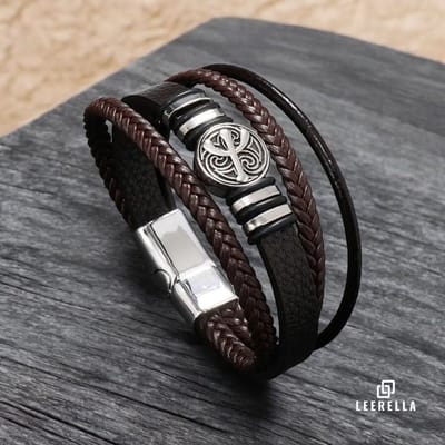 Leerella Bruin Gevlochten Leren Unisex Armband met Cactus RVS Logo – 21 cm