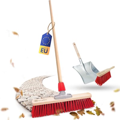 Straatbezem met steel 40 cm set I bezem stoffer en blik I Elaston rood I met draad I straatbezem brede tuinbezem buitenbezem buitenbezem buitenterrein