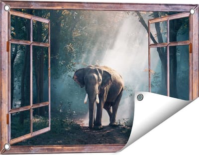 Gards Tuinposter Doorkijk Olifant in het Bos met Zonneschijn - 60x40 cm - Tuindoek - Tuindecoratie - Wanddecoratie buiten - Tuinschilderij