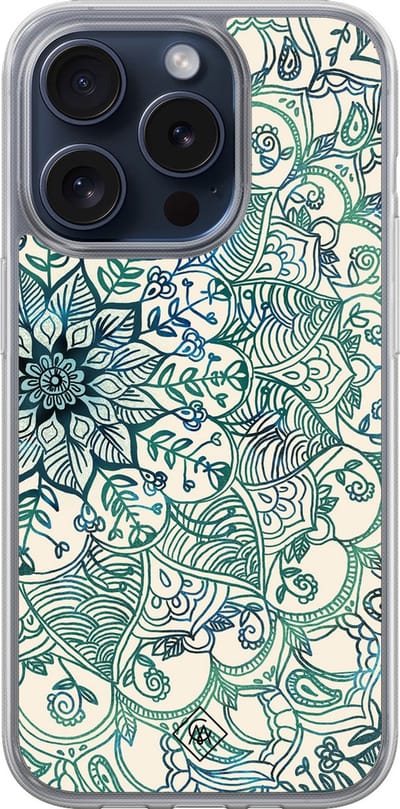 Casimoda® hoesje - Geschikt voor iPhone 15 Pro - Mandala Blauw - 2-in-1 case - Schokbestendig - Geometrisch patroon - Verhoogde randen - Blauw, Transparant