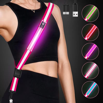 LED Reflecterende Riem Sjerp - 5 Lichten Kleuren & 3 Lichtmodi Hoge Zichtbaarheid Nachtveiligheidsgordel voor Wandelen 's Nachts Oplaadbare Light Up Running Gear Verstelbare Vest Riemen voor roze