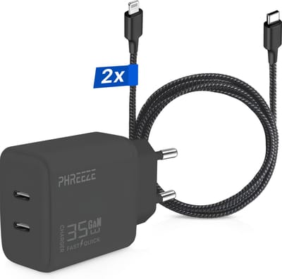 Snellader geschikt voor iPhone 14 / iPhone 13 / iPhone 12 / iPhone 11 / iPhone X - 2 poorten - 35 watt - 2 meter - usb C Power Adapter
