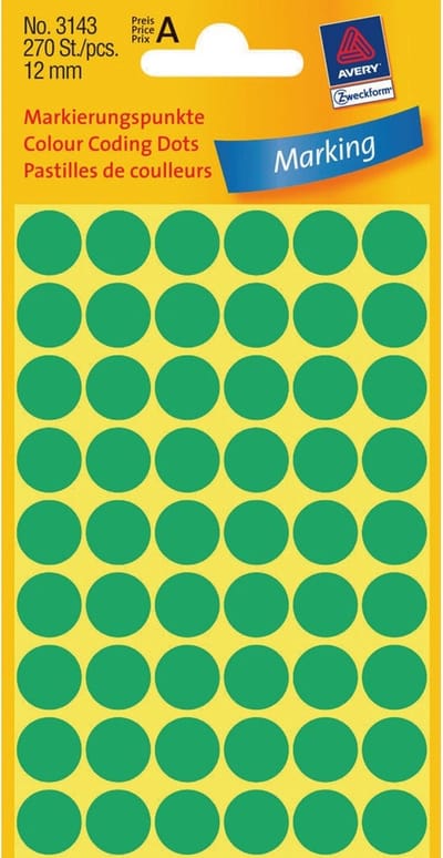 Etiket avery 3143 rond 12mm groen 270st | 10 stuks