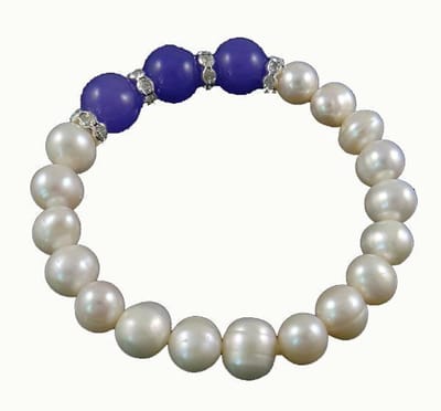 Zoetwater parel armband Pearl Blue Jade - echte parels - jade - wit - blauw - stras steentjes - elastisch - luxe sieraden zakje - parel armband dames - elastisch parel armband - zoetwaterparel