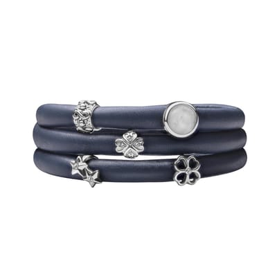 Quiges - Leren Wikkelarmband Blauw 60cm met Aanschuif Bedels Zilverkleurig - RVS Magneetsluiting - ELBS110