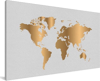 Grote wanddecoratie - Wereldkaart Goud Golven canvas - 200x100 cm - XXL decoratie