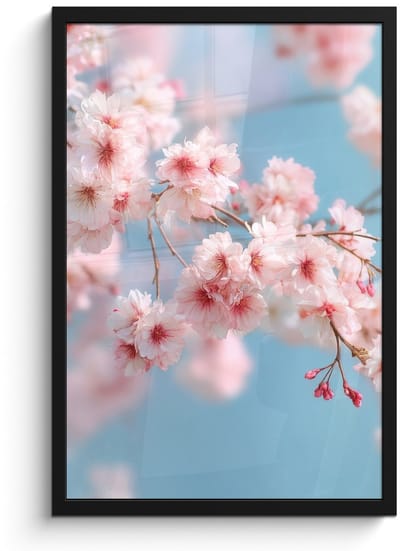 Poster in lijst - Fotolijst 40x60 cm - Posters - Takken - Bloesems - Roze - Posterlijst zwart - Decoratie - Wanddecoratie woonkamer - Muurdecoratie slaapkamer