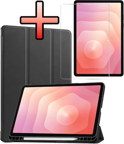 Hoes - Geschikt voor Samsung Galaxy Tab S11 - Met Screenprotector - Trifold Bookcase - Hard Cover Case - Met Uitsparing Geschikt voor S Pen - Hardcover Book - Tablet Hoesje - Zwart