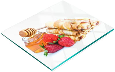 Decoratieve glazen snijplank voor in de keuken met afbeelding van heerlijke pannenkoeken, 60x52 cm