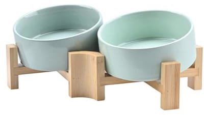 Kantelbare keramische hondenbak met houten standaard - Antislip voer- en waterbak voor kleine en middelgrote honden en katten - 400 ml - Groen