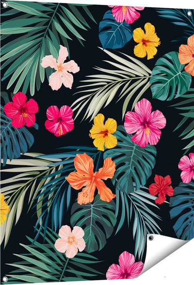 Gards Tuinposter Getekende Tropische Bloemen - Abstract - 80x100 cm - Tuindoek - Tuindecoratie - Wanddecoratie buiten - Tuinschilderij