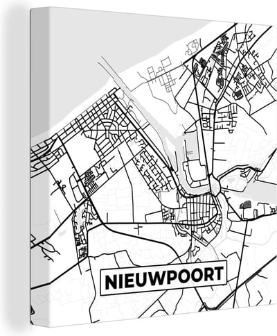 Canvas Schilderij Stadskaart – Zwart Wit - Kaart – Nieuwpoort – België – Plattegrond - 20x20 cm - Wanddecoratie