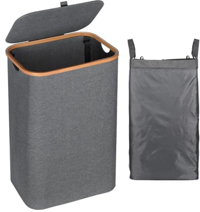 Vuile Wasmand Grijs 105 Liter - Bamboe Met Deksel - Ideaal Voor Badkamer