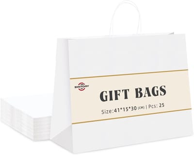 Witte Kraft geschenkzakken - Grote papieren zakken 40x15 cm 25 stuks met handgrepen - feesttassen voor feestgunst Thanksgiving verjaardag christen Kerstmis