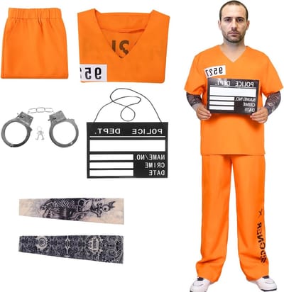 Oranje gevangenis kostuum voor mannen met handboeien, mouwinformatie en nummers voor carnaval en cosplay