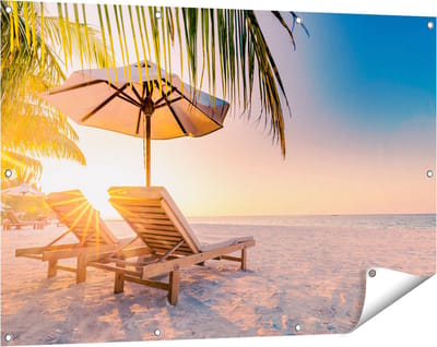 Gards Tuinposter Tropisch Strand tijdens Zonsondergang - 120x80 cm - Tuindoek - Tuindecoratie - Wanddecoratie buiten - Tuinschilderij