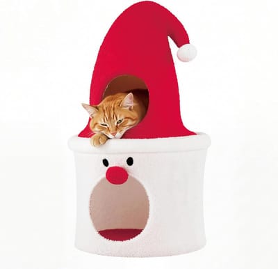 COSTWAY Kattenhol Kerstmis, Kattenhuis met gewatteerd ligvlak & pluche kussen, Kattenbed Katten, Kattenmeubels Binnen, Kerstman, 40 x 40 x 75 cm, Rood+Wit