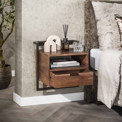 PS-Collection Nachtkastje met Open Vak - Acaciahout/Metaal - Bruin - nachtkast, nachtkastje, nachtkastjes, nachtkastjes industrieel, nachtkastje hout, nachtkastjes modern, nachtkastje zwevend