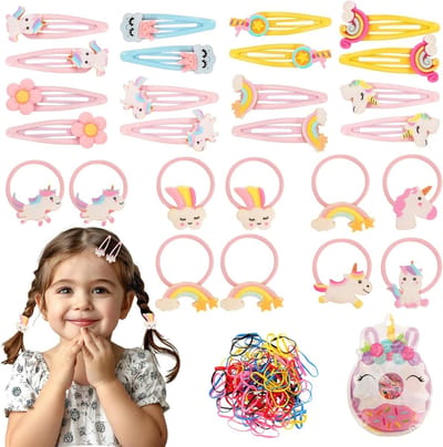 126 Stuks Haarclips en Haarbandjes voor Meisjes, Eenhoorn Haarspelden, Regenboog Bloemen Haaraccessoires, Kleurrijke Elastische Haarbandjes en Cartoon Clips voor Kinderen