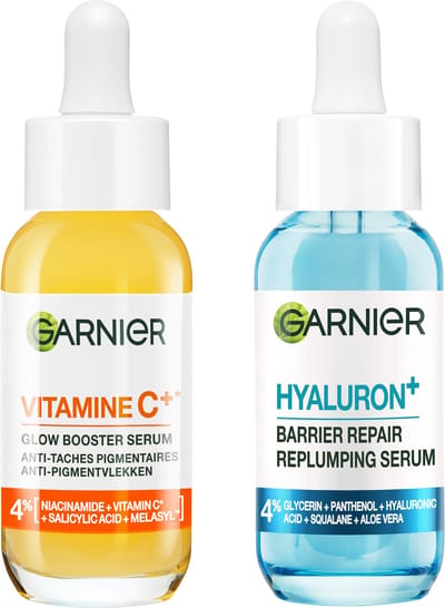 Garnier Vitamine C+* Glow Booster Serum & Garnier Hyaluron+ Barrier Repair Replumping Serum - Vermindert Pigmentvlekken & Hydrateert - Bundle - 2 x 30ml