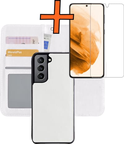 Hoes - 2 in 1 - Geschikt voor Samsung Galaxy S21 - Met Screenprotector - En Uitneembare Hard Cover - Bookcase - Wallet Case - Met Pasjeshouder - Book Case - Uitneembaar - Pashouder - Kunstleer - Wit