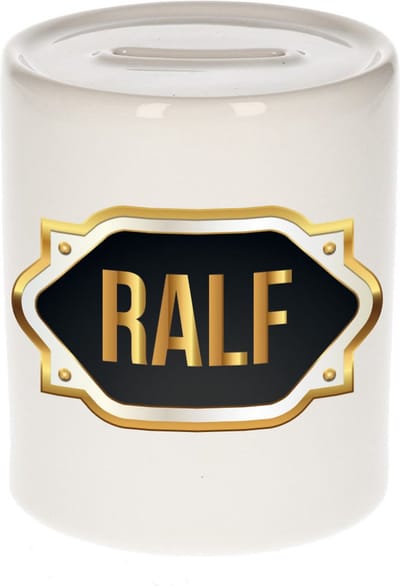 Spaarpot met voornaam Ralf - wit - met goud/zwart embleem - 8 x 9 cm - keramiek - met afsluitdop - cadeau verjaardag