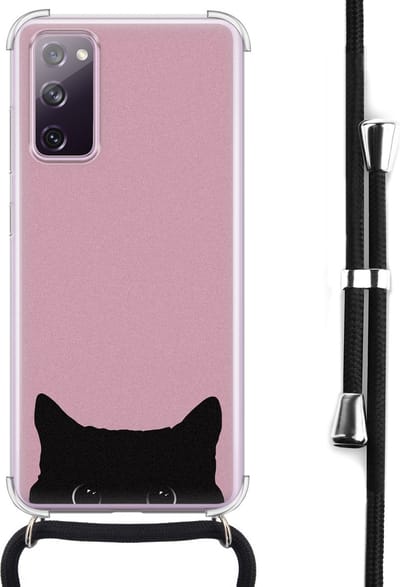 Hoesje met koord geschikt voor Samsung Galaxy S20 FE - Zwarte kat - Inclusief koord - Crossbody beschermhoes - Transparant, Roze - Mooie Telefoonhoesjes