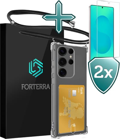 Hoesje Geschikt voor Samsung S25 Ultra Pashouder Case Siliconen Hoes Met Koord Met 2x Screenprotector - Hoes Geschikt voor Samsung Galaxy S25 Ultra Met Telefoonkoord Hoesje Back Cover Met Pasjeshouder - Transparant