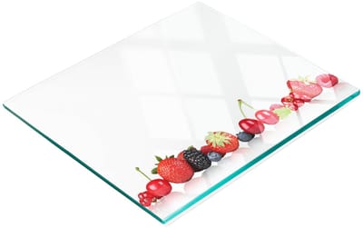 Duurzame en stijlvolle glazen snijplank met een fruitpatroon in een rij, 60x52 cm