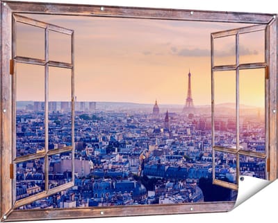 Gards Tuinposter Doorkijk Skyline van Parijs tijdens Zonsondergang - 150x100 cm - Tuindoek - Tuindecoratie - Wanddecoratie buiten - Tuinschilderij