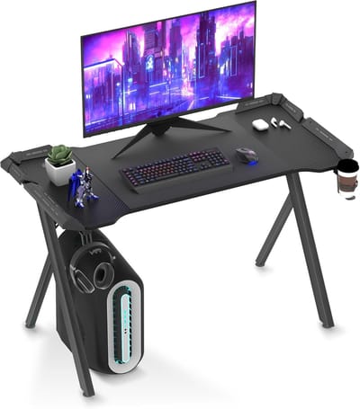 Y-frame Vrijstaande Bureaus, Computerbureau voor Gamers, Ergonomische Gamingtafel, Kantoortafels met Kabelgat, Bekerhouder, LED- en Hoofdtelefoonaansluiting, PC-gamingtafel (120 x 60 cm, Zwart) NAIZY