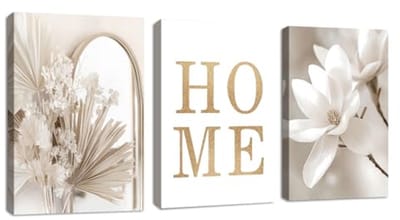 Beige Canvas Wandschildering Set met Magnolia en Cattail | Moderne Wanddecoratie voor Slaapkamer en Kantoor | 30x40cm