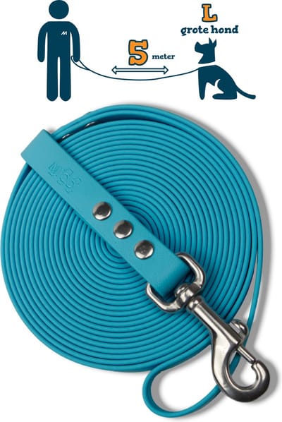 Miqdi lange lijn – BioThane® - lichtblauw – 5 meter lang – 19mm breed – L/XL - grote hond – lange hondenriem
