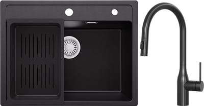 Anycee Max Granieten Spoelbak 60x46CM - Spoelbak Keuken Met Kraan Keuken - Enkele spoelbakken Met Afdruiprek en Sifon - Afvoer en Overloopset