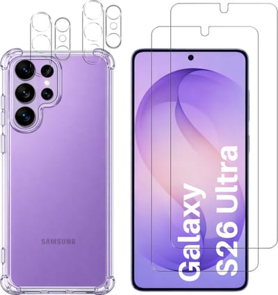 Hoesje geschikt voor Samsung Galaxy S26 Ultra backcover Shockproof siliconen Transparant + 2 stuks Screenprotector Gehard Glas + 2 stuks Camera Protector