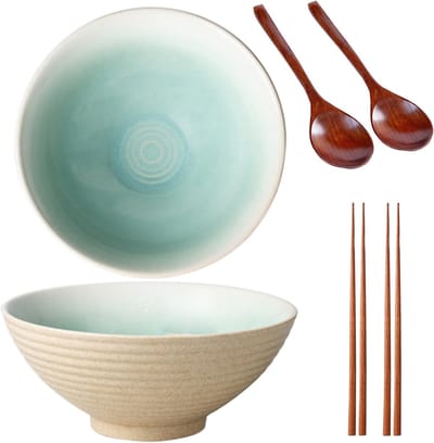 Set van 2 Grote Keramische Ramenkommen voor Pasta, Snacks, Soepen, Salades en Ontbijtgranen met Lepels en Chopsticks in Beige