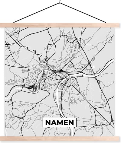 Posterhanger incl. Poster 40x40 cm - Schoolplaat - Plattegrond – Namen – Zwart Wit – Stadskaart - Kaart - Textielposter - Blanke latten - Stadskaart