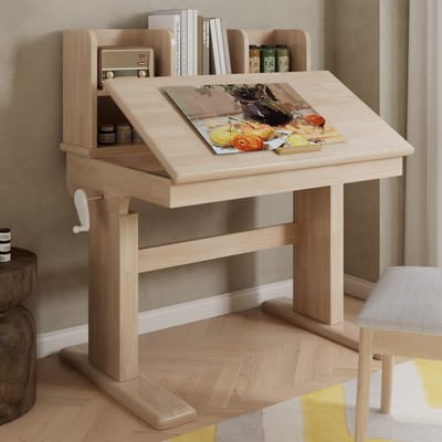 Kindertafel - Hoogteverstelbaar - Massief hout - Kantelbaar blad 0-43° - Opbergruimte - Vanaf 6 jaar - Natuur