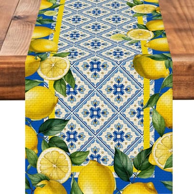 Blauwe Citroen Fruit Italië Tegelontwerp Linnen Tafelkleed Commode Sjaal Decor Boerderij Keuken Eettafelkleed Feestdecoratie 150x33cm yellow