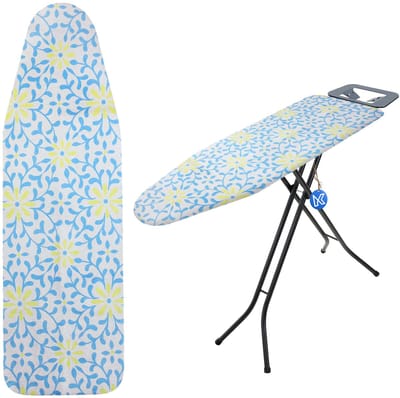 KADAX Strijkplankovertrek met trekkoord, strijkplankovertrek voor stoomstrijkijzer, vervangende strijkplankhoes met teflon-coating (gele bloemen, 140 x 55 cm)