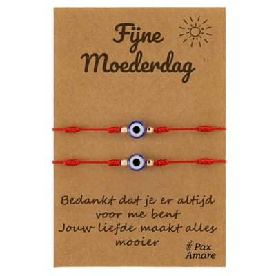 Moeder Dochter Armbandjes voor 2 "Fijne Moederdag" - Evil Eye - Moeder Kind Armbandjes met Persoonlijk Cadeau Kaartje voor mama - Rood - Elastisch Verstelbaar - Pax Amare
