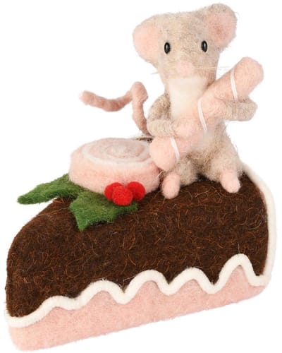 Dekoratief | Taart m/muis, roze/bruin, stof, 9x12x12cm | A255332