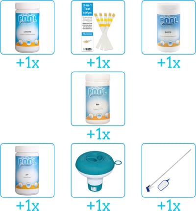 Zwembad Onderhoudspakket - Onderhoud Zwembad - bevat Chloor - Testrips - Chloor - PH-min - PH-plus - Chloordrijver en Schoonmaakset (7-delig)
