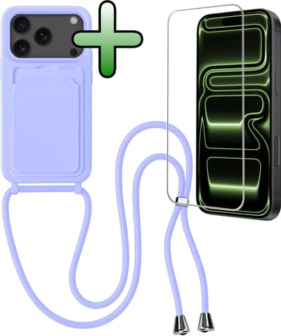 Hoes Geschikt voor iPhone 17 Pro Max Hoesje Pas Houder Case Hoes Met Koord Met Screenprotector - Hoesje Geschikt voor iPhone 17 Pro Max Hoes Met Telefoonkoord Pasjeshouder Cover - Lila
