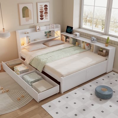 DESMIU Tweepersoonsbed 140x200 cm – Hoofdbord Met Opbergvak En 2 Lampen – Met Laadpunt – Zijkasten En Laden – Slaapkamer – Hout – Wit – Zonder matras