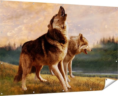 Gards Tuinposter Twee Wolven op het Gras - 180x120 cm - Tuindoek - Tuindecoratie - Wanddecoratie buiten - Tuinschilderij