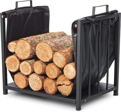 Stabiele Brandhouthouder met Houten Draagtas voor Binnen - Modern Design, Compacter en Efficiënt Haardhoutrek