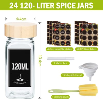 Soontrans - 24 Glazen Kruidenpotjes Vierkant - Houten Deksel - Kruidenpotjes Vierkant Set - Kruidenpotten Set 24x120ml - Kruidenpotjes Met Kruidenstrooier - Incl. Trechter - Reinigingsborstel - Pen - Stickers