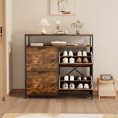 Xbro Schoenenkast met 4 Klapdeuren – Dubbele Diepte – Modern Schoenenrek met Bovenplank – Voor Hal & Slaapkamer – 98 x 30 x 95 cm – Retro