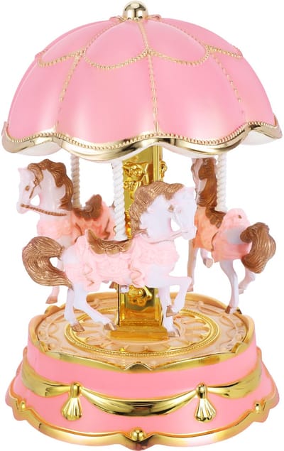 Carousel Muziekdoos met LED-verlichting – Draaiende Paarden, Opwindmechanisme – Vintage Tafeldecoratie voor Kinderkamer-Roze